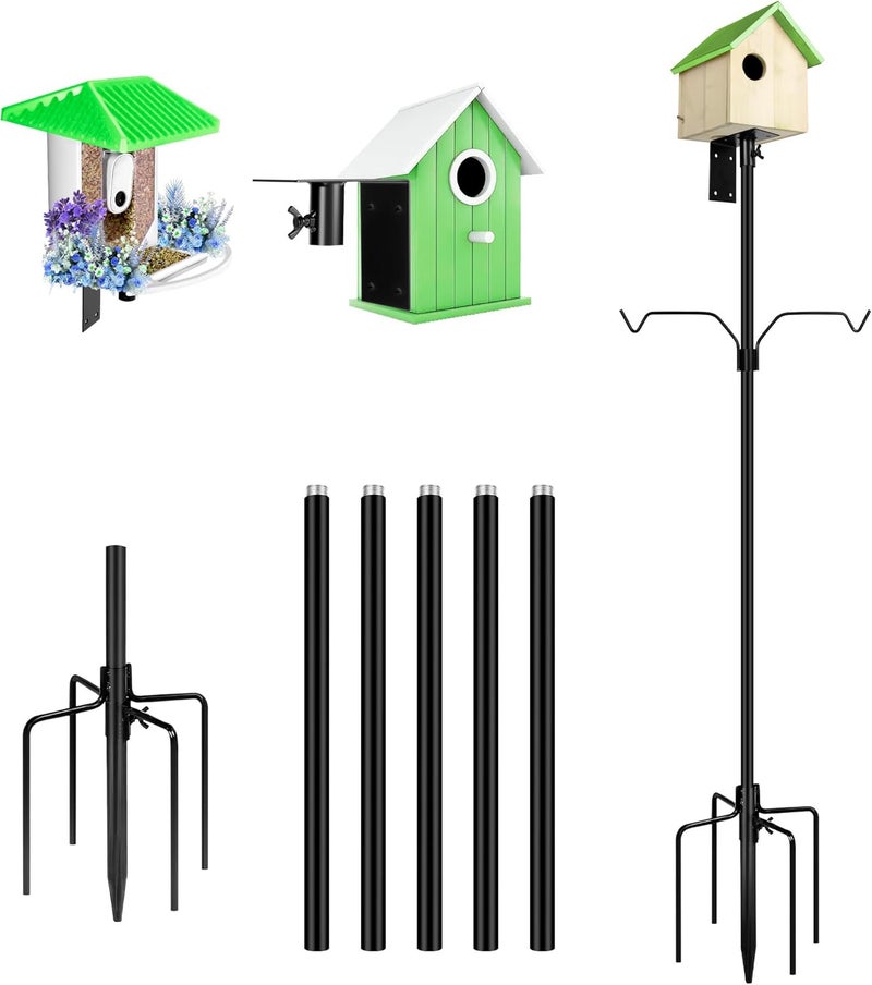 YINGYM Bird House Pole, 95 Inch Heavy Duty Bird Feeder Pole Mount Kit for Outdoors, Adjustable Bird Feeding Stand, with 2-Hooks, 5-Prong Base for Birds Watching - Image 1